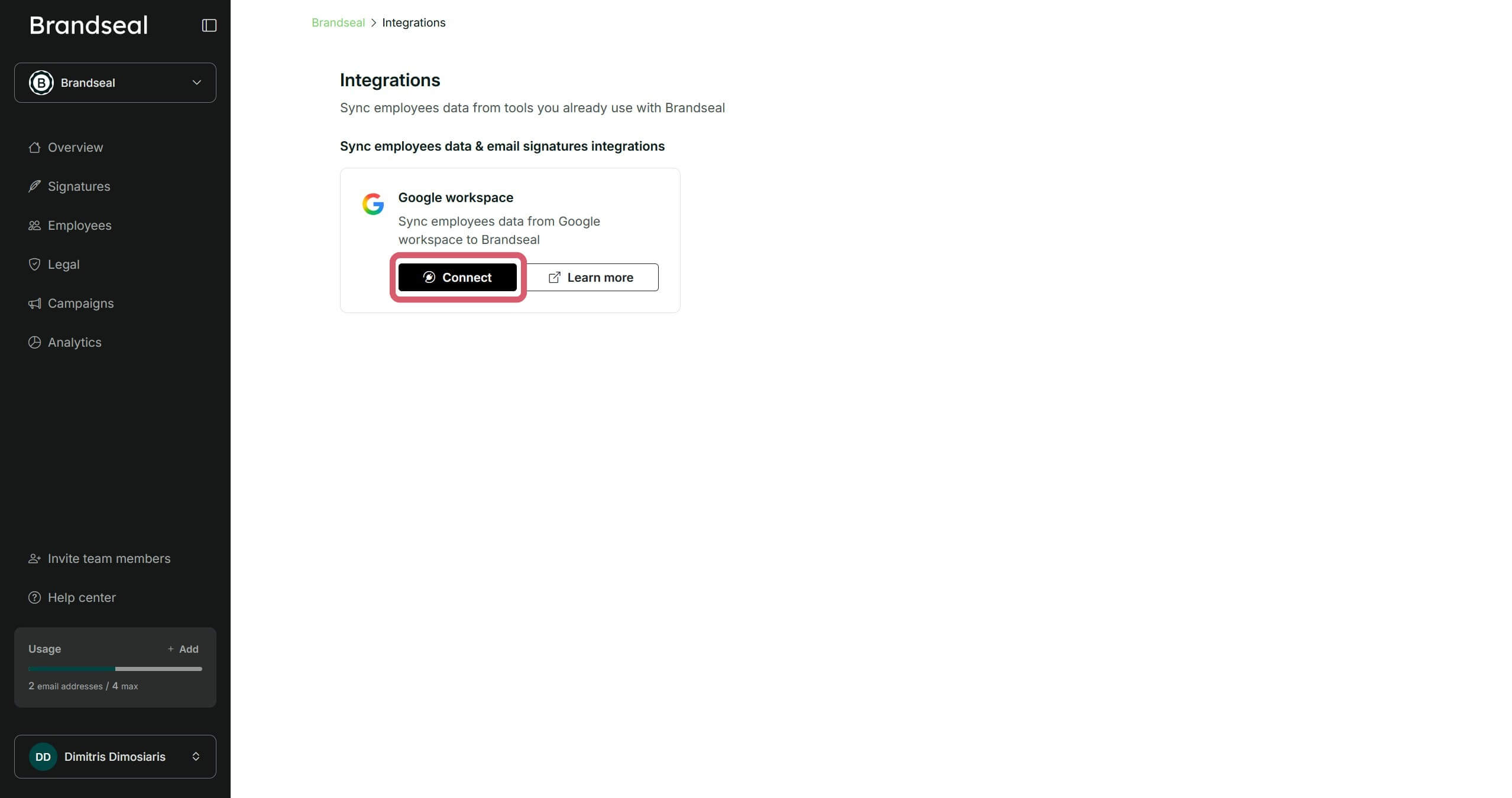 Google Workspace connect button at Brandseal's integrations page image
