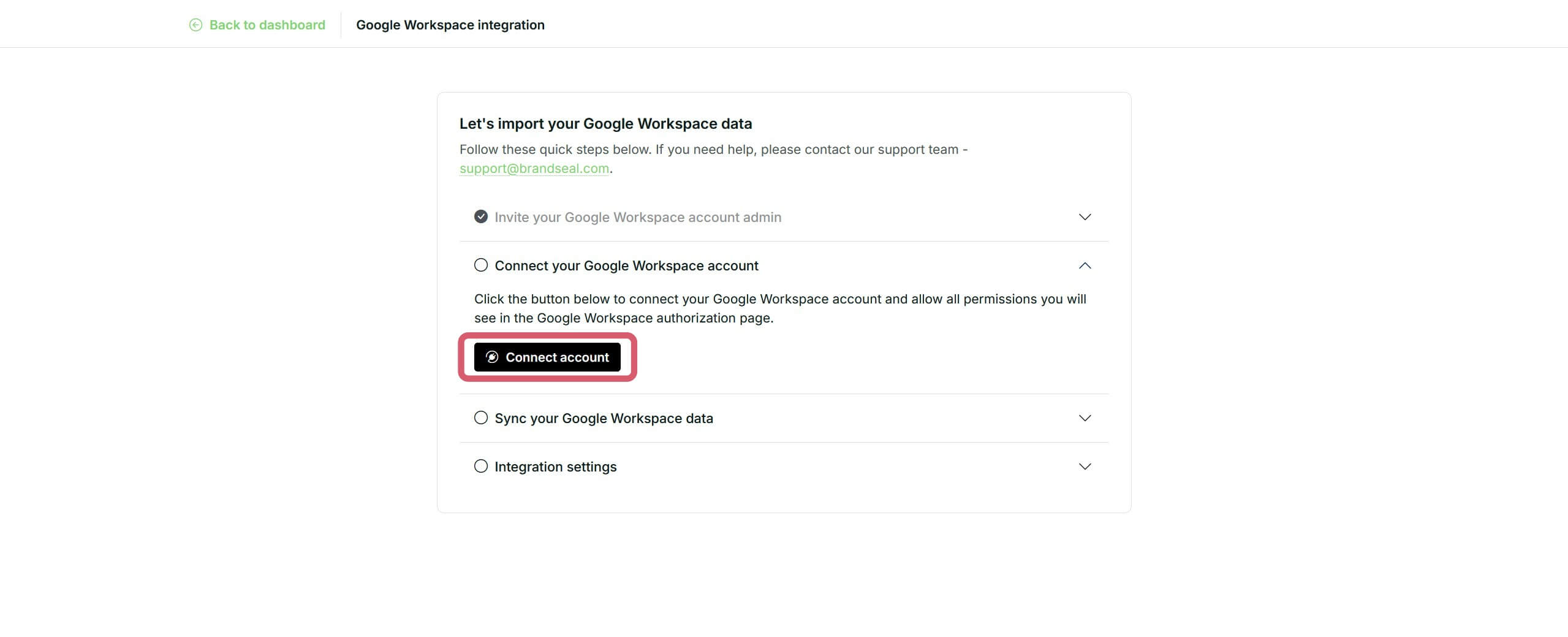 Google Workspace connect button at Brandseal's integrations page image