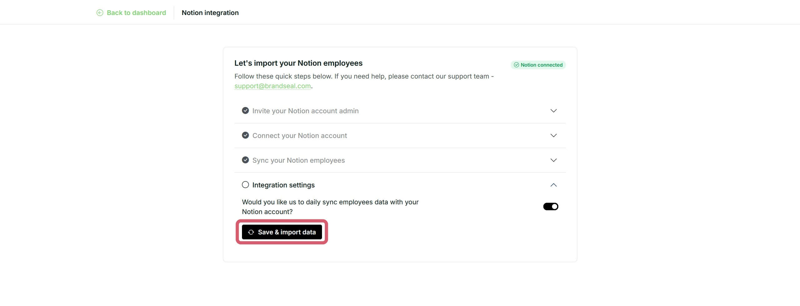 Daily sync checkbox at Brandseal's integrations page image