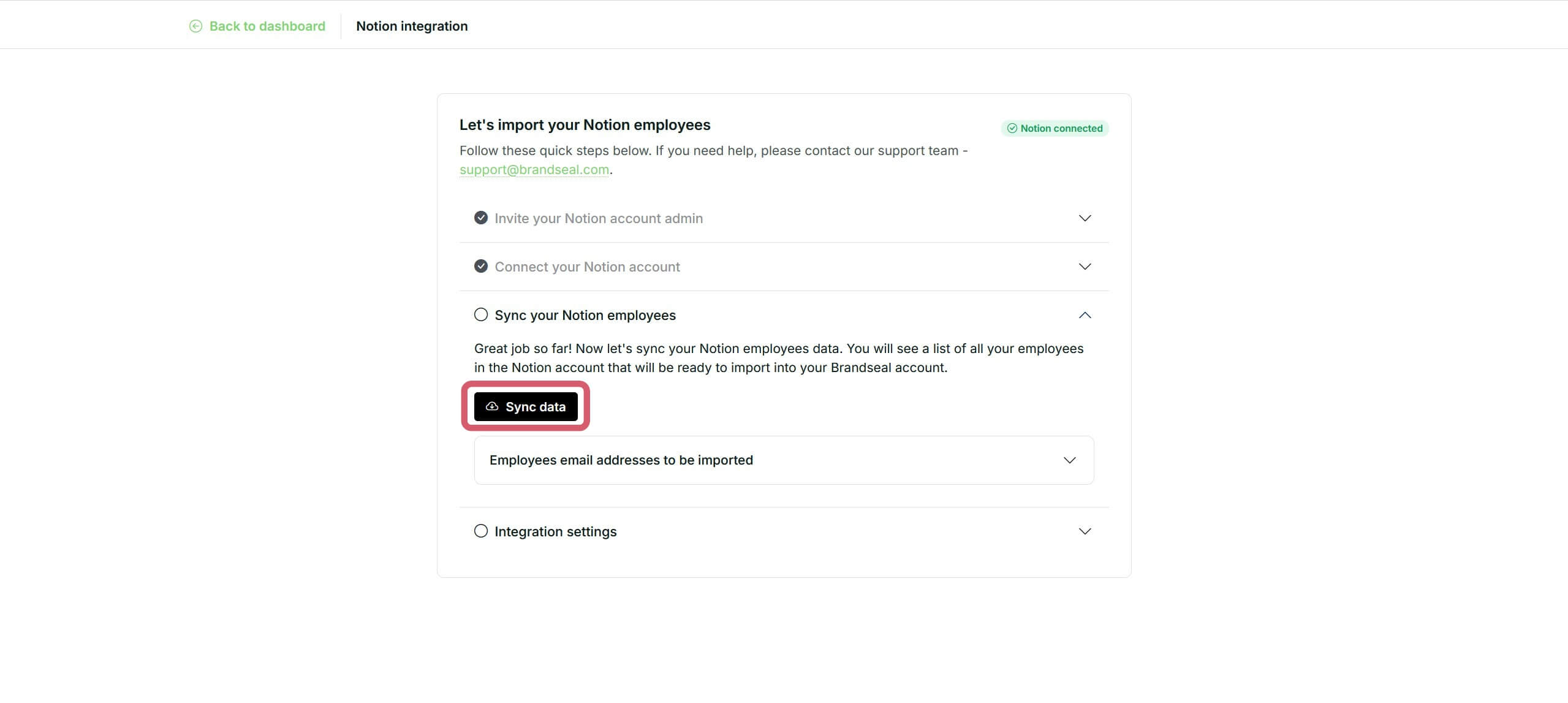 Notion sync data button at Brandseal's integrations page image