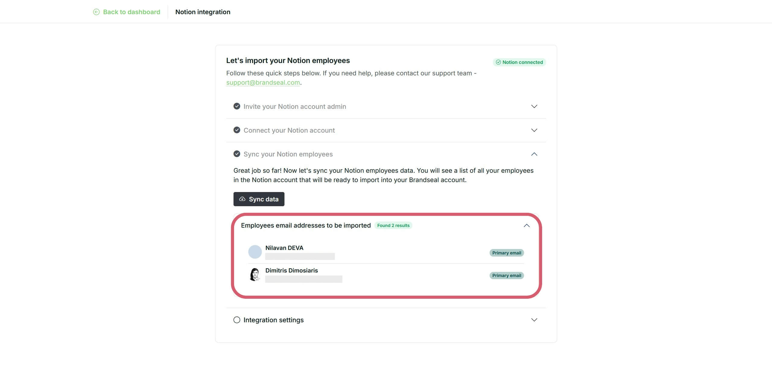 Notion sync data button at Brandseal's integrations page image