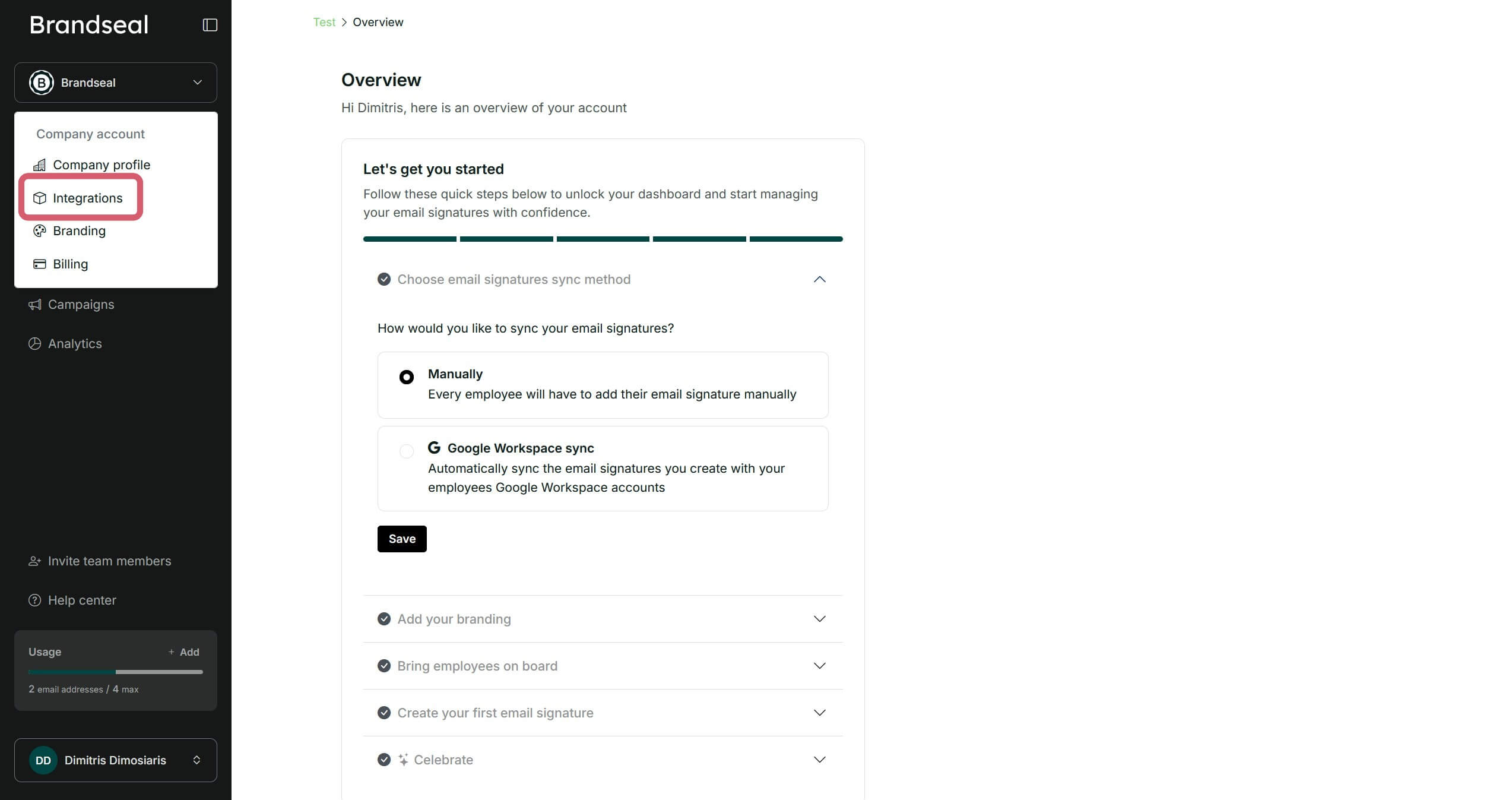 Integrations menu at Brandseal's dashboard image