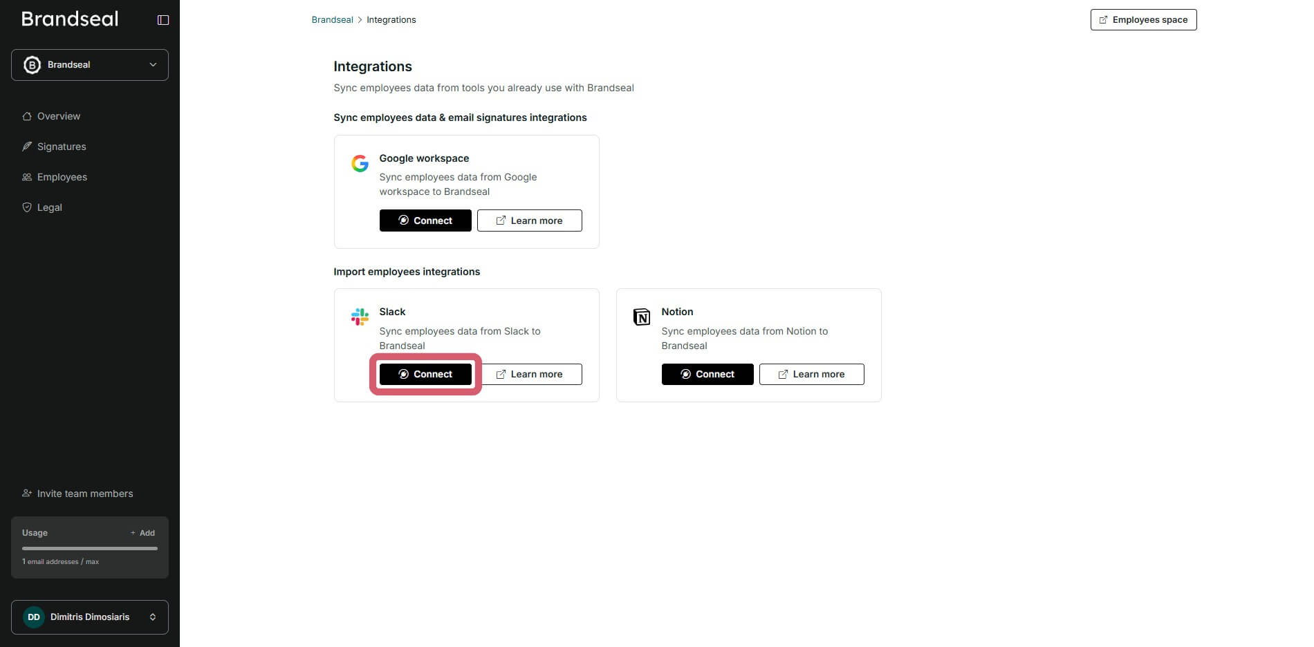 Slack connect button at Brandseal's integrations page image