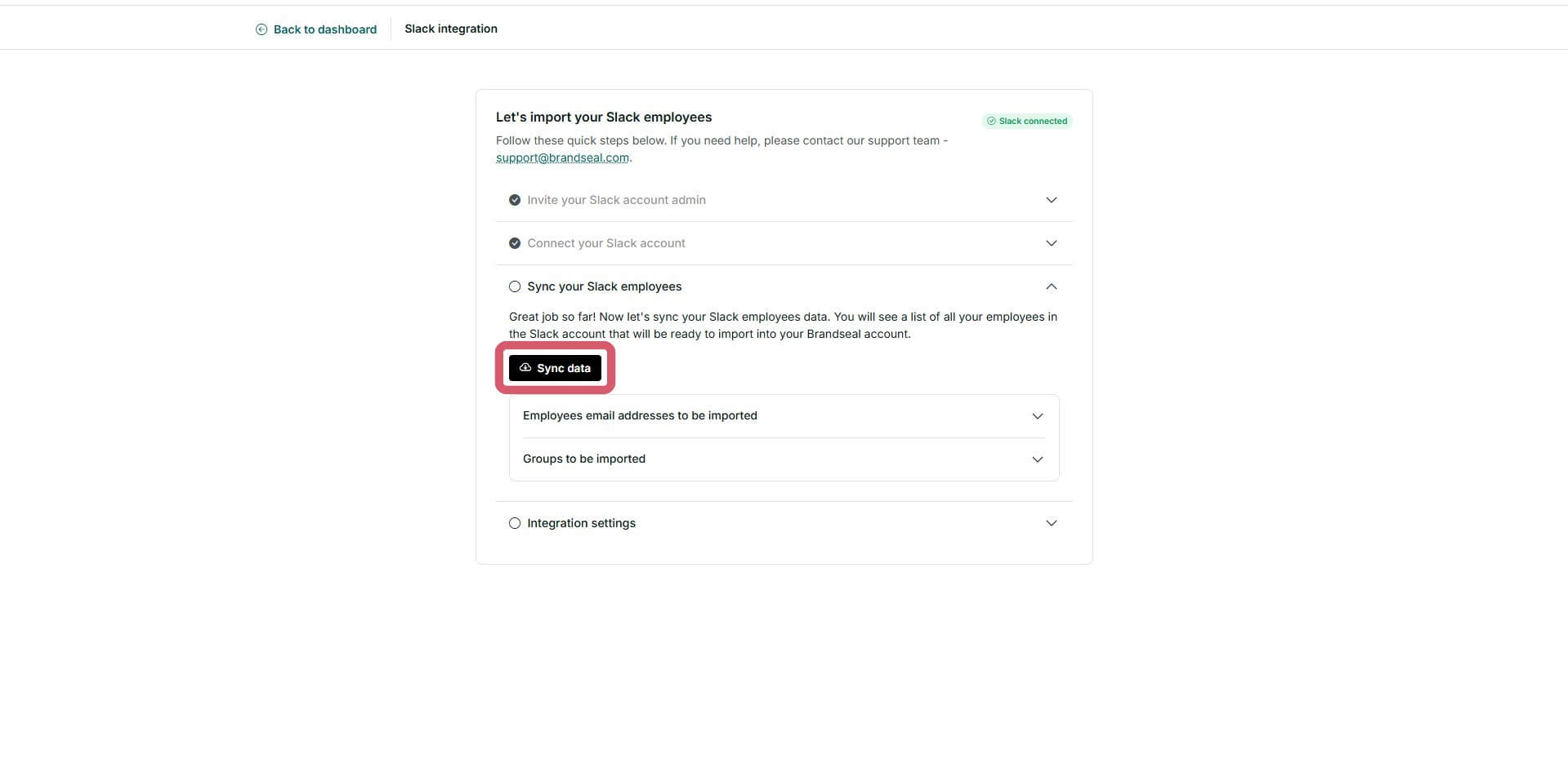 Slack sync data button at Brandseal's integrations page image