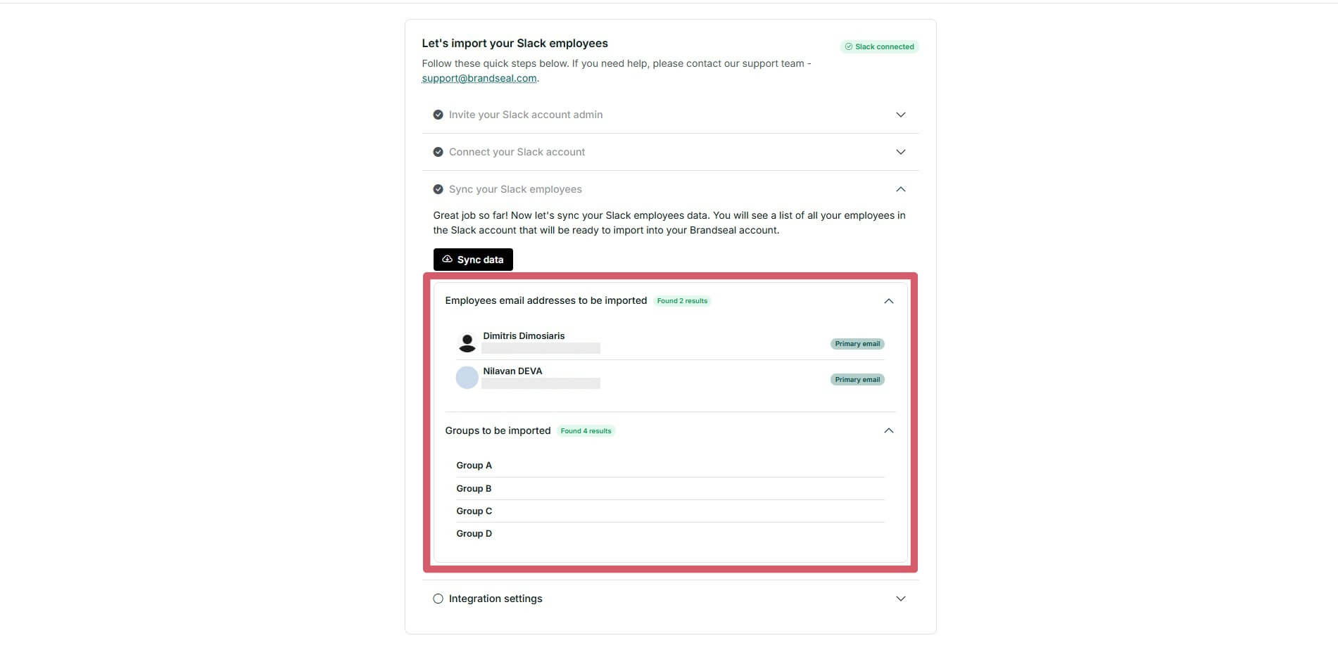 Slack sync data button at Brandseal's integrations page image