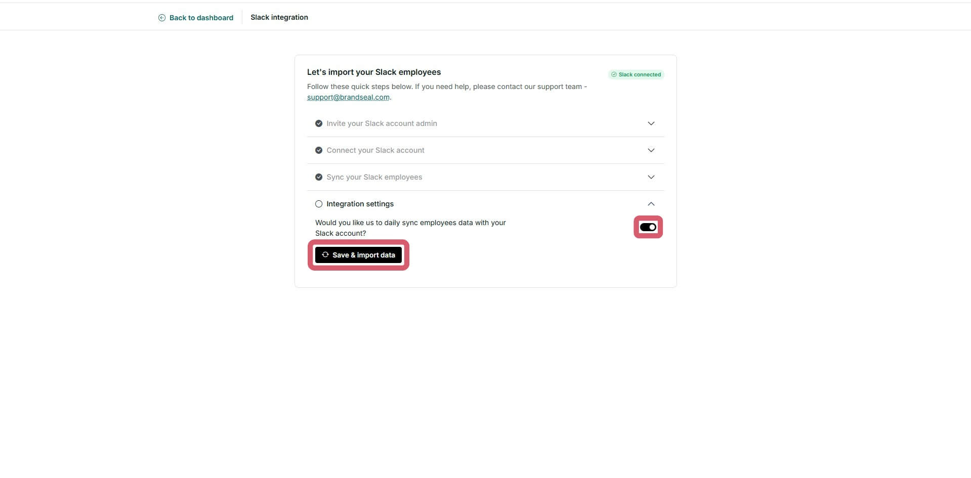 Daily sync checkbox at Brandseal's integrations page image